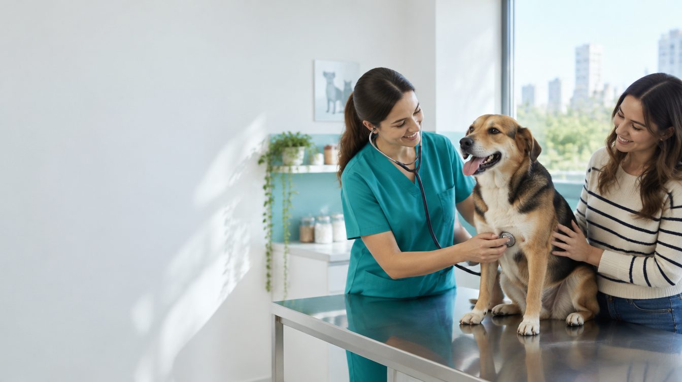 Veterinaria revisando a un perro en el consultorio de Tier Clinic